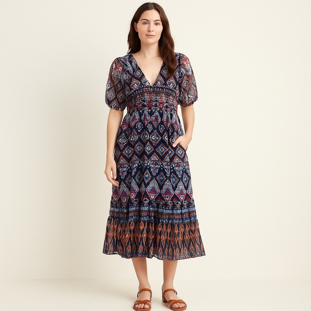 Old Navy Boho‎ Tiered Midi Dress Geometric Print Puff Sleeve Smocked Waist Lined
